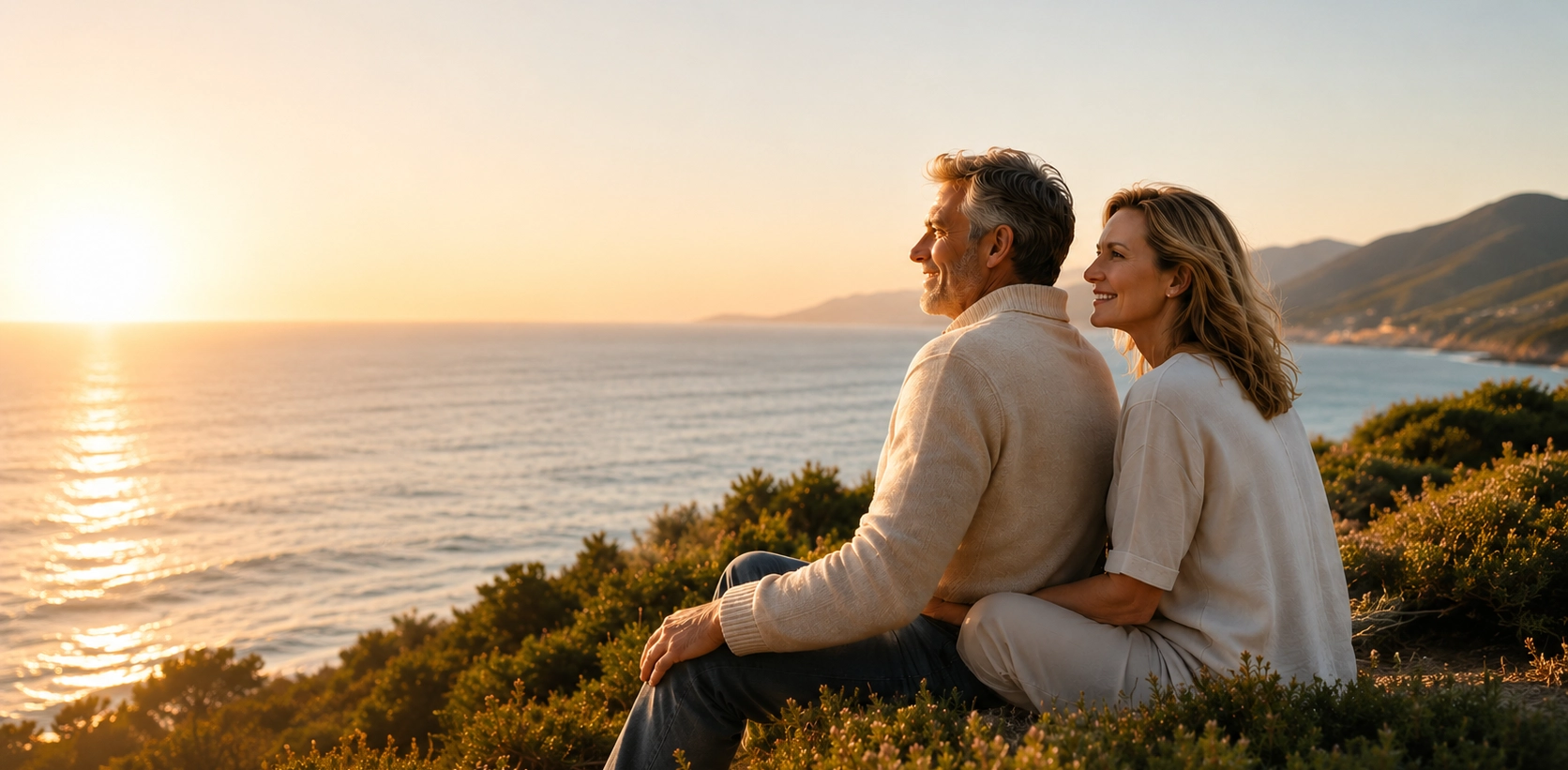 Adult couple by the sea at sunset