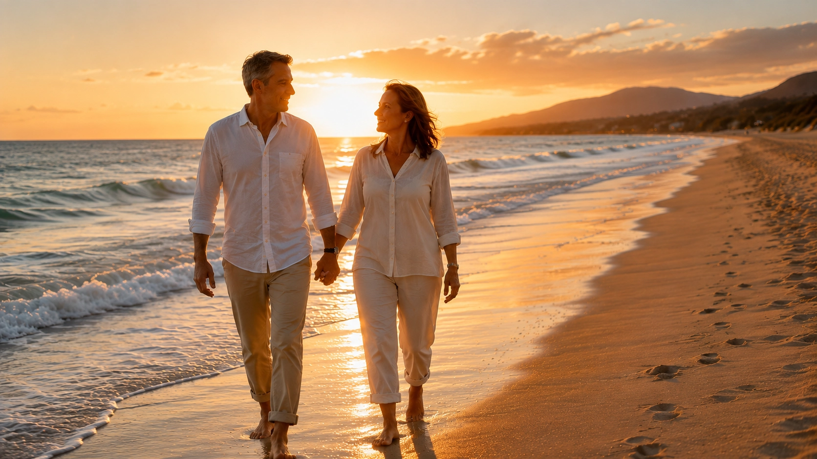 Pareja caminando descalza por la orilla del mar