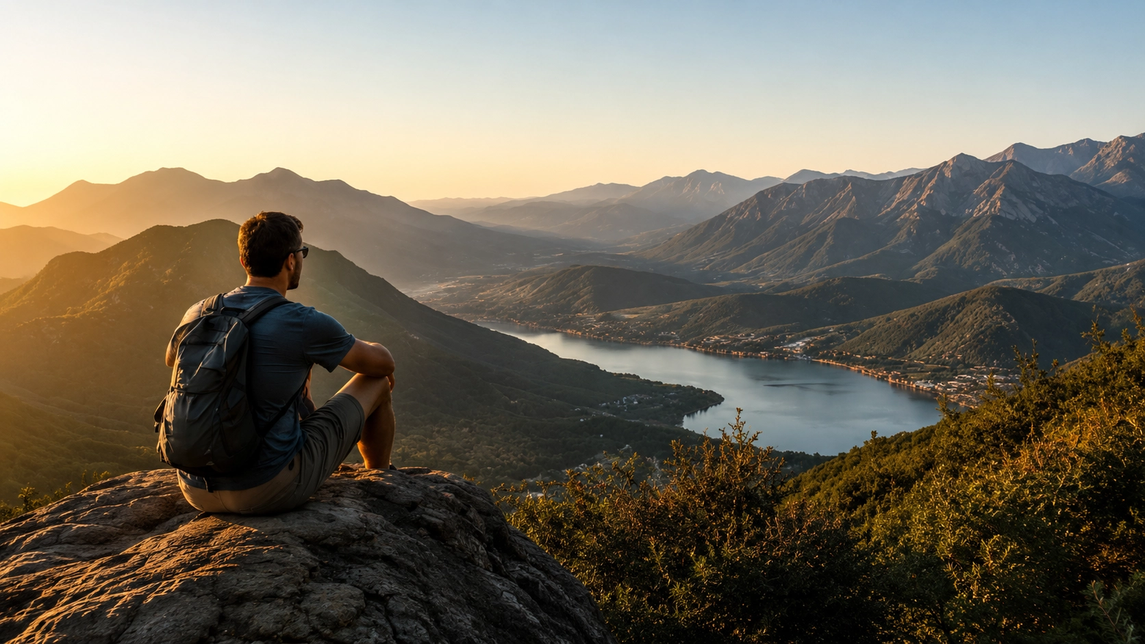 Hiker with a backpack sitting at a viewpoint