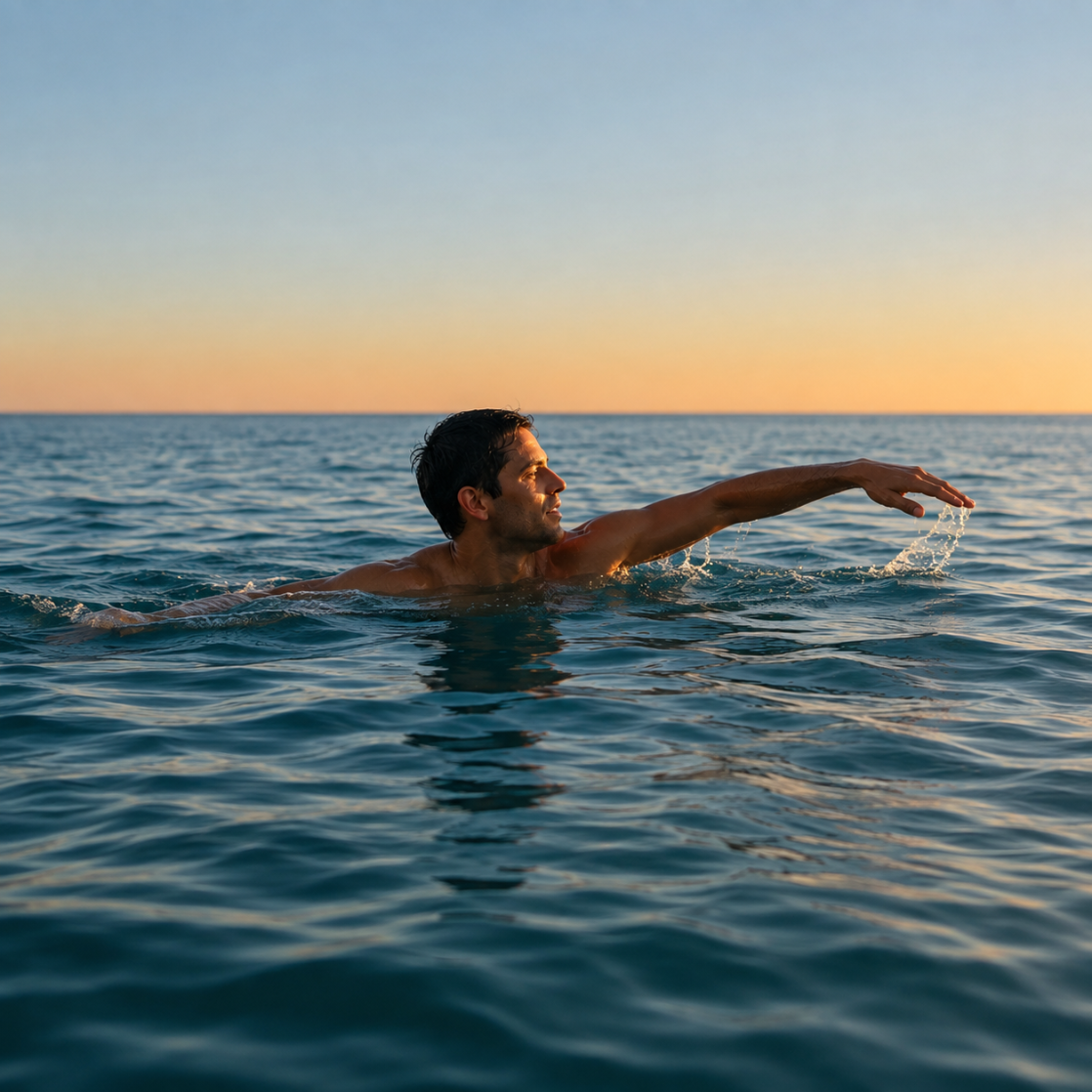 Person swimming in open water at sunrise